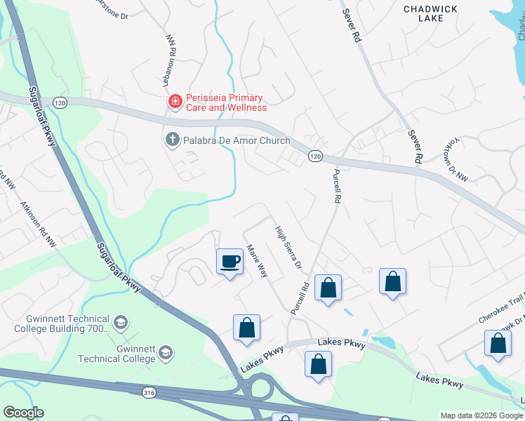 map of restaurants, bars, coffee shops, grocery stores, and more near 1516 High Sierra Drive in Lawrenceville