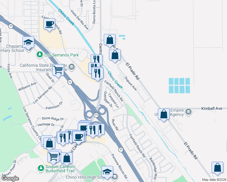 map of restaurants, bars, coffee shops, grocery stores, and more near 15533 Timberidge Lane in Chino Hills