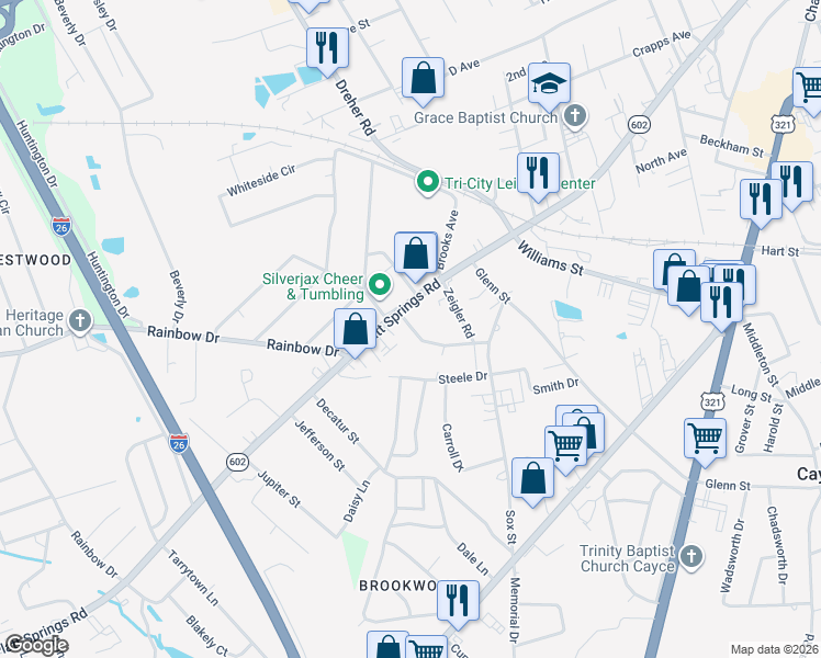 map of restaurants, bars, coffee shops, grocery stores, and more near 806 Knapp Street in West Columbia