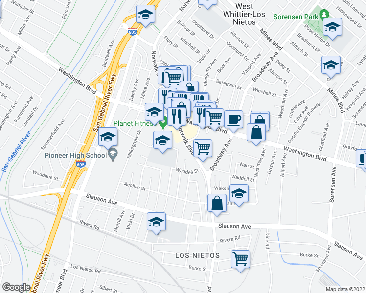 map of restaurants, bars, coffee shops, grocery stores, and more near 11047 Godoy Street in Whittier