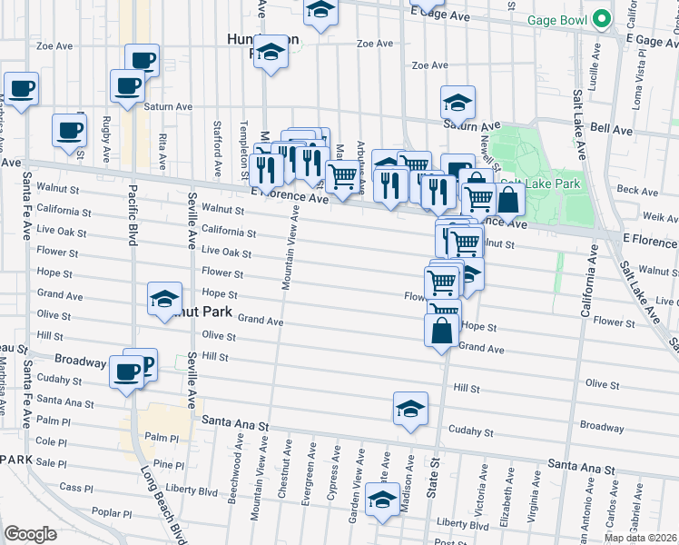 map of restaurants, bars, coffee shops, grocery stores, and more near 3022 Live Oak Street in Huntington Park