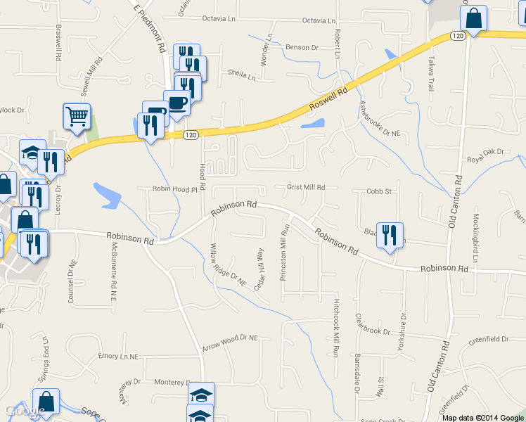 map of restaurants, bars, coffee shops, grocery stores, and more near 2662 Weddington Place Northeast in Marietta