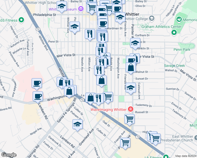 map of restaurants, bars, coffee shops, grocery stores, and more near 7748 Comstock Avenue in Whittier