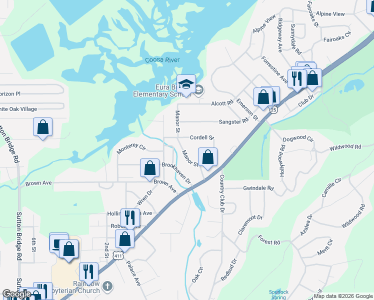 map of restaurants, bars, coffee shops, grocery stores, and more near 211 Manor Street in Gadsden