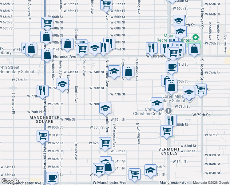 map of restaurants, bars, coffee shops, grocery stores, and more near 1331 West 77th Street in Los Angeles