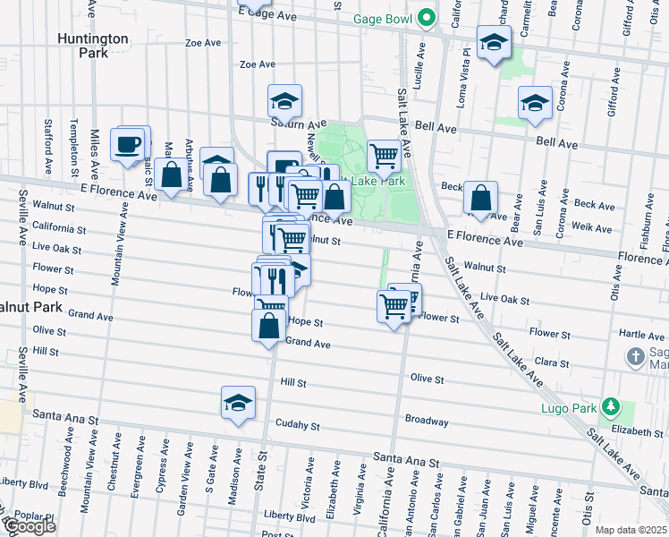 map of restaurants, bars, coffee shops, grocery stores, and more near 3332 California Street in Huntington Park
