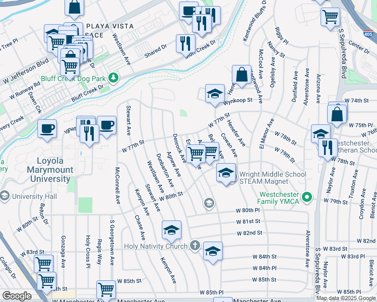 map of restaurants, bars, coffee shops, grocery stores, and more near 7801 Emerson Avenue in Los Angeles