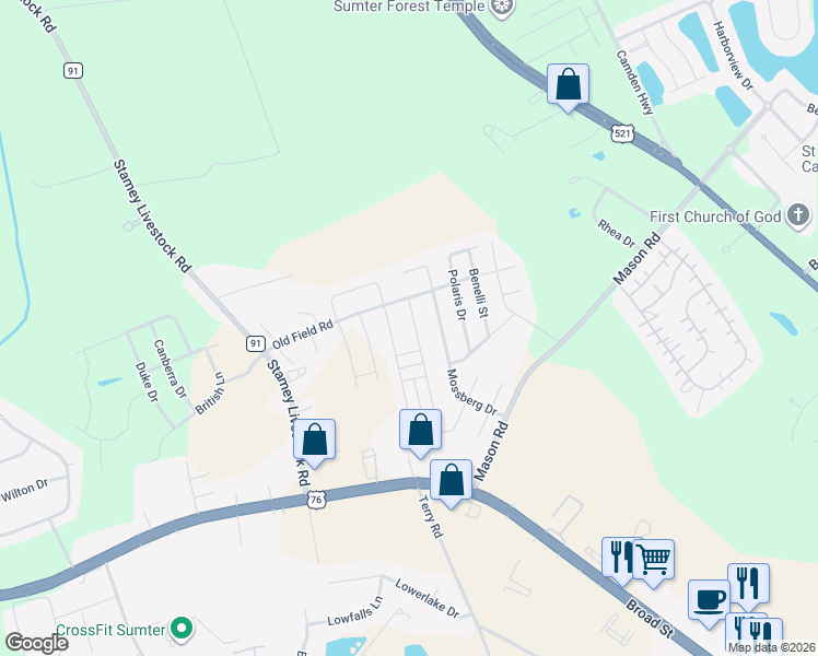 map of restaurants, bars, coffee shops, grocery stores, and more near 1760 Musket Trail in Sumter