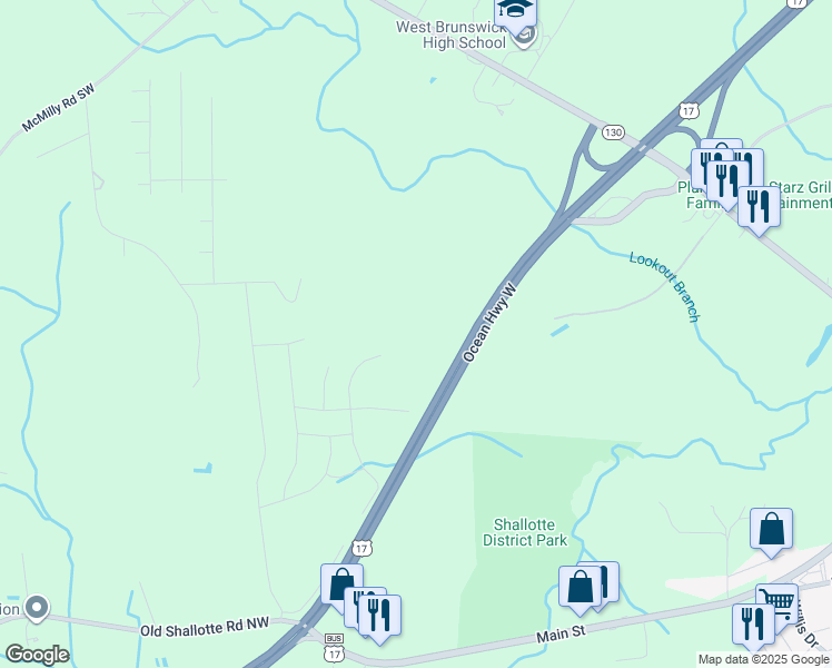 map of restaurants, bars, coffee shops, grocery stores, and more near 4437 East Coast Lane in Shallotte