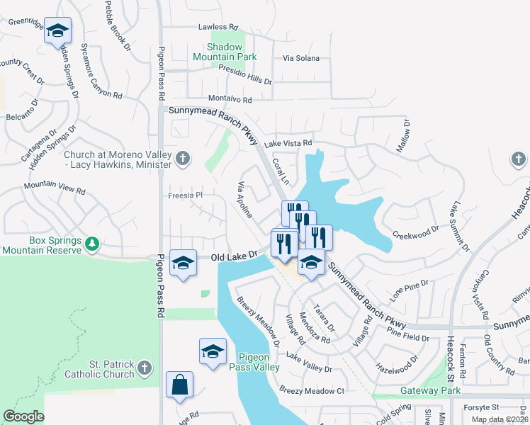 map of restaurants, bars, coffee shops, grocery stores, and more near 23356 Vía Sausalito in Moreno Valley