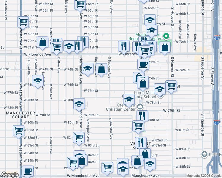map of restaurants, bars, coffee shops, grocery stores, and more near 1157 West 77th Street in Los Angeles