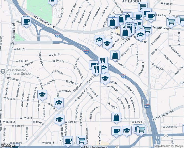 map of restaurants, bars, coffee shops, grocery stores, and more near 7411 La Tijera Boulevard in Los Angeles