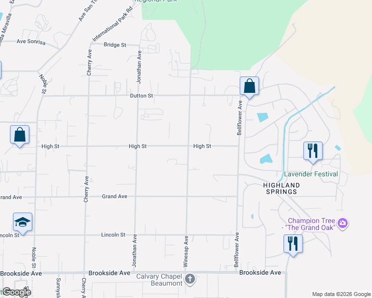 map of restaurants, bars, coffee shops, grocery stores, and more near 10381 Winesap Avenue in Cherry Valley