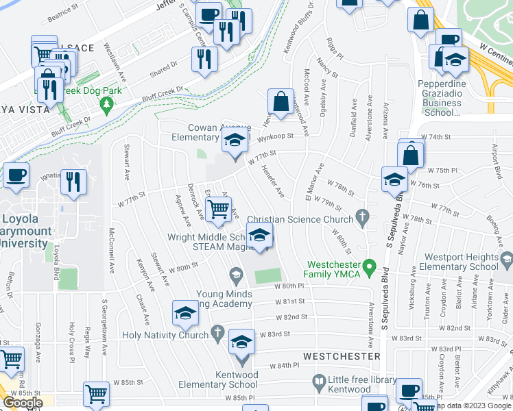map of restaurants, bars, coffee shops, grocery stores, and more near 7900 Beland Avenue in Los Angeles