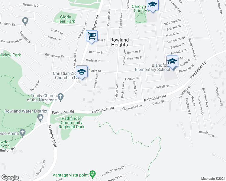 map of restaurants, bars, coffee shops, grocery stores, and more near 2711 Batson Avenue in La Puente