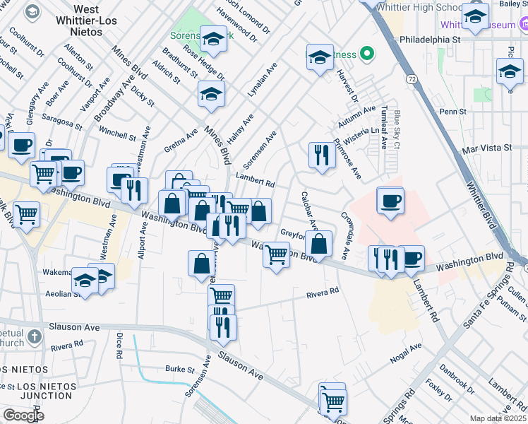 map of restaurants, bars, coffee shops, grocery stores, and more near 7849 Wexford Avenue in Whittier