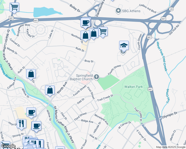 map of restaurants, bars, coffee shops, grocery stores, and more near 325 Bray Street in Athens