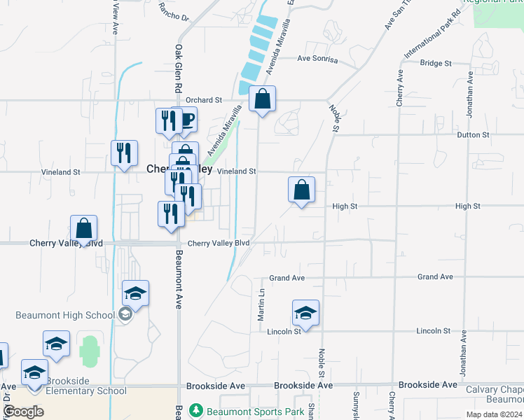 map of restaurants, bars, coffee shops, grocery stores, and more near 10378 Live Oak Avenue in Cherry Valley