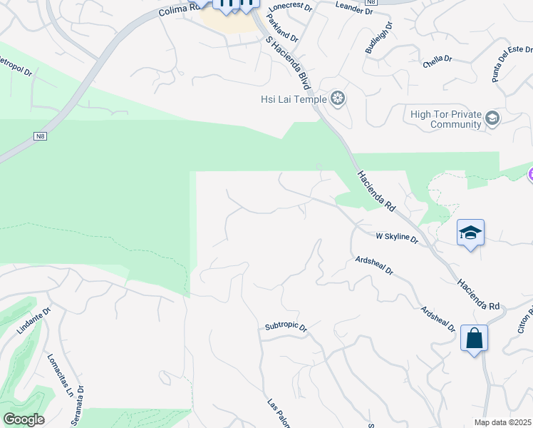 map of restaurants, bars, coffee shops, grocery stores, and more near Casalero Drive in La Habra Heights