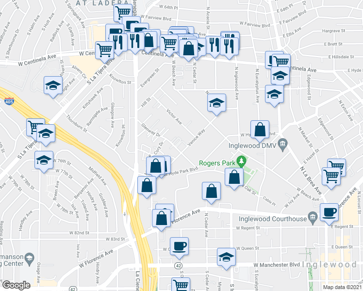map of restaurants, bars, coffee shops, grocery stores, and more near 815 Glenway Drive in Inglewood