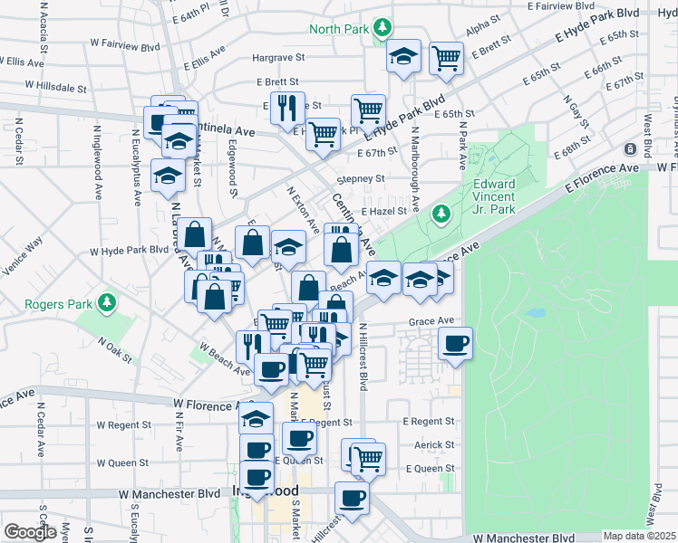 map of restaurants, bars, coffee shops, grocery stores, and more near 360 Warren Lane in Inglewood