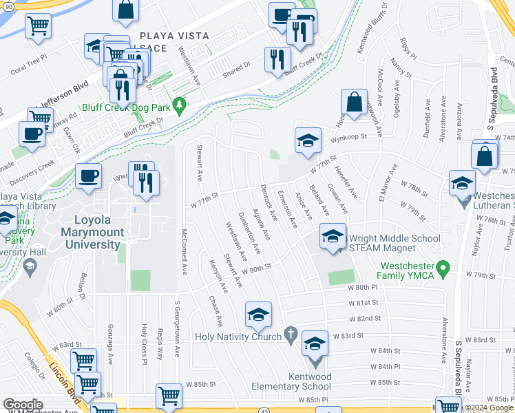 map of restaurants, bars, coffee shops, grocery stores, and more near 7734 Agnew Avenue in Los Angeles