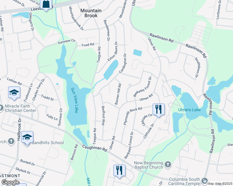 map of restaurants, bars, coffee shops, grocery stores, and more near 2600 Banner Hill Road in Columbia