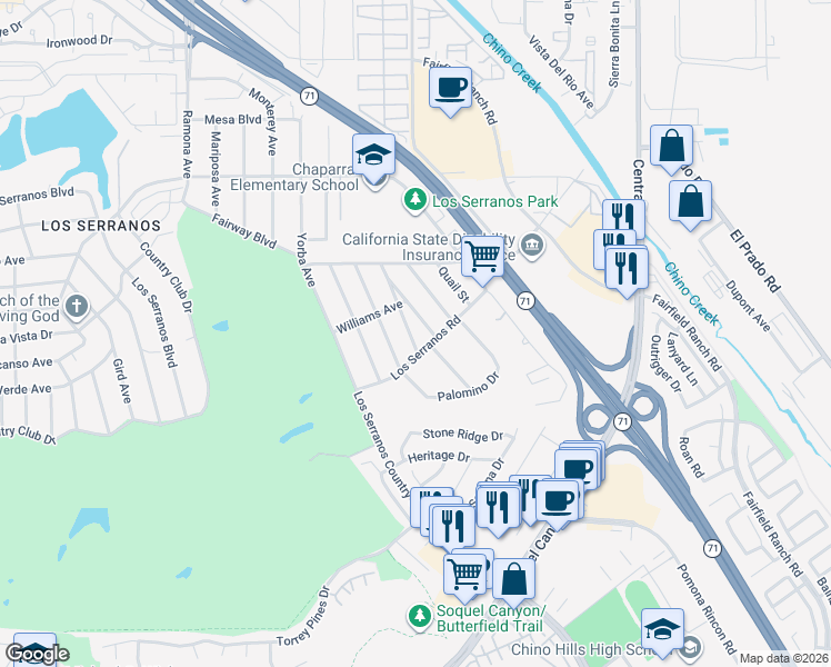 map of restaurants, bars, coffee shops, grocery stores, and more near 15583 Cecelia Street in Chino Hills