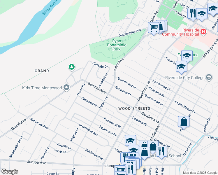 map of restaurants, bars, coffee shops, grocery stores, and more near 5345 Palm Avenue in Riverside