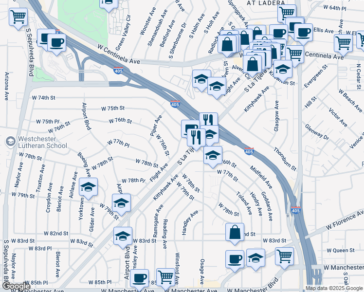 map of restaurants, bars, coffee shops, grocery stores, and more near 7411 La Tijera Boulevard in Los Angeles