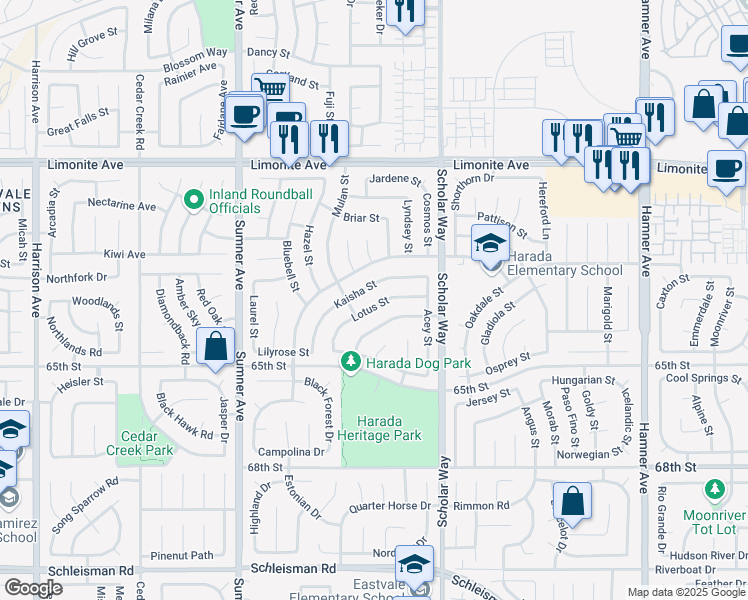 map of restaurants, bars, coffee shops, grocery stores, and more near 6435 Lotus Street in Corona