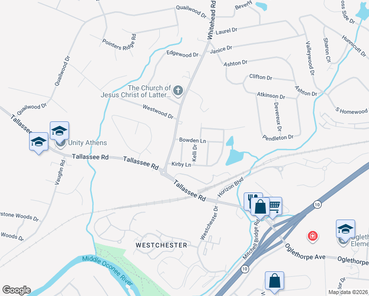 map of restaurants, bars, coffee shops, grocery stores, and more near 114 Kara Drive in Athens