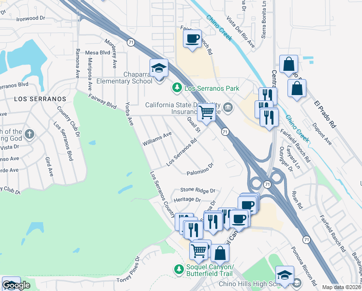 map of restaurants, bars, coffee shops, grocery stores, and more near 15583 Cecelia Street in Chino Hills