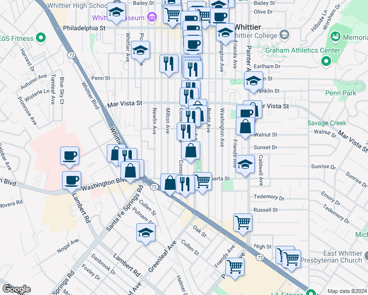 map of restaurants, bars, coffee shops, grocery stores, and more near 7748 Comstock Avenue in Whittier
