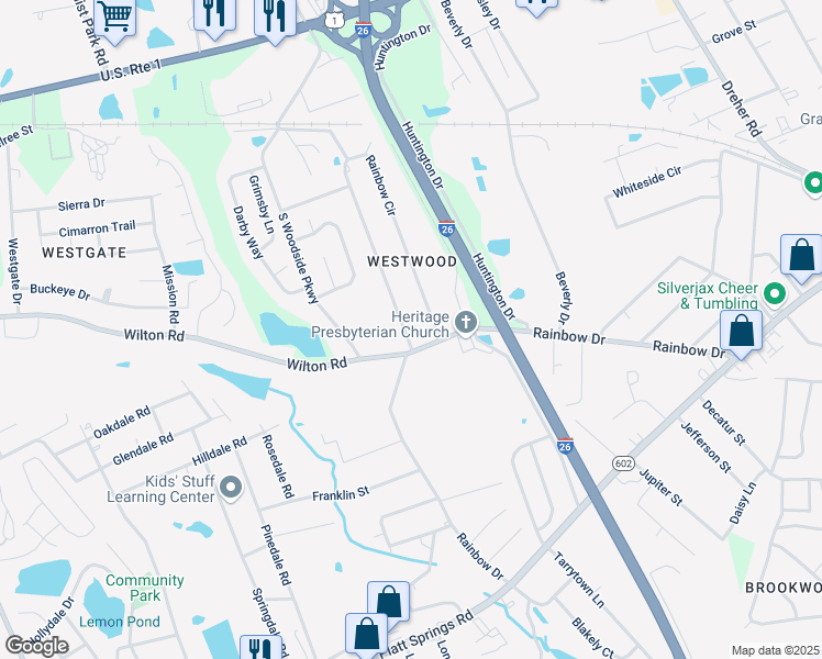 map of restaurants, bars, coffee shops, grocery stores, and more near 593 Rainbow Circle in West Columbia