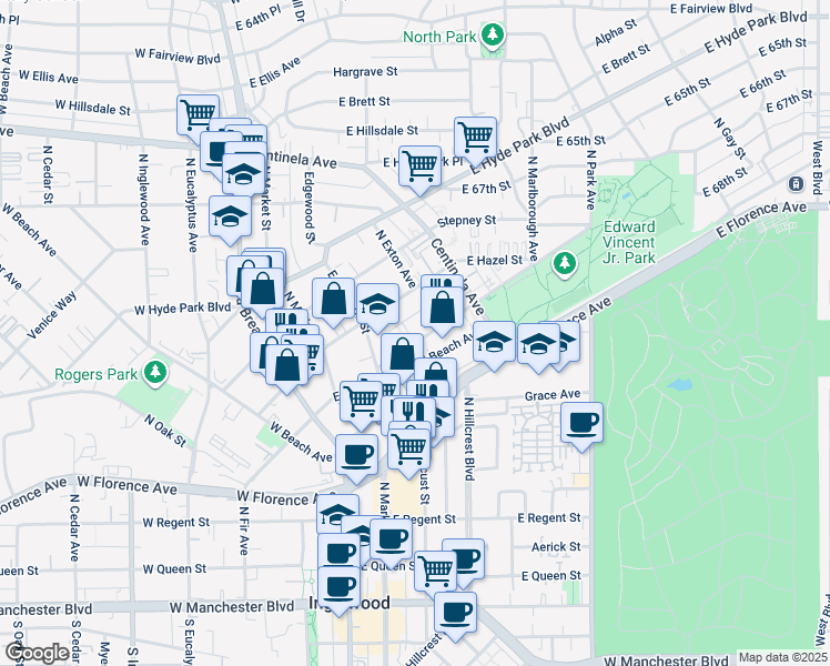 map of restaurants, bars, coffee shops, grocery stores, and more near 323 Warren Lane in Inglewood