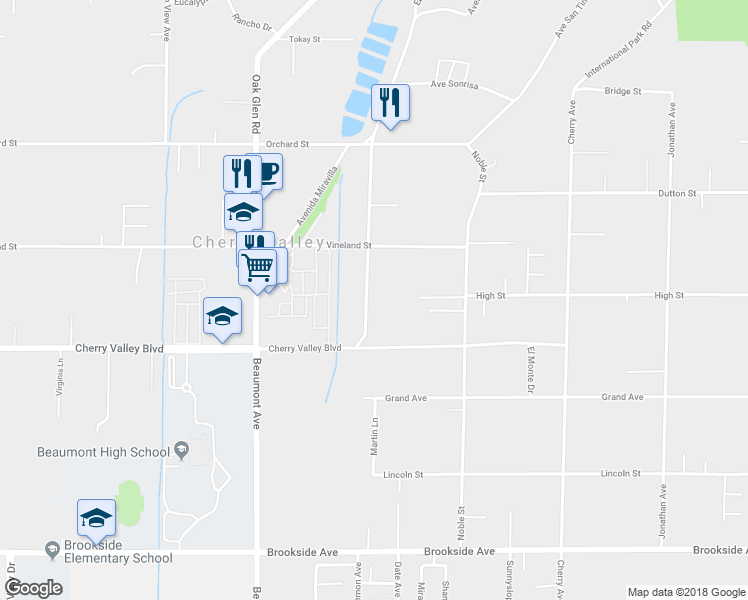 map of restaurants, bars, coffee shops, grocery stores, and more near 10378 Live Oak Avenue in Cherry Valley