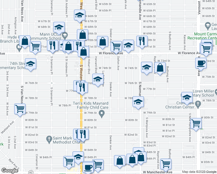 map of restaurants, bars, coffee shops, grocery stores, and more near 7615 South Denker Avenue in Los Angeles