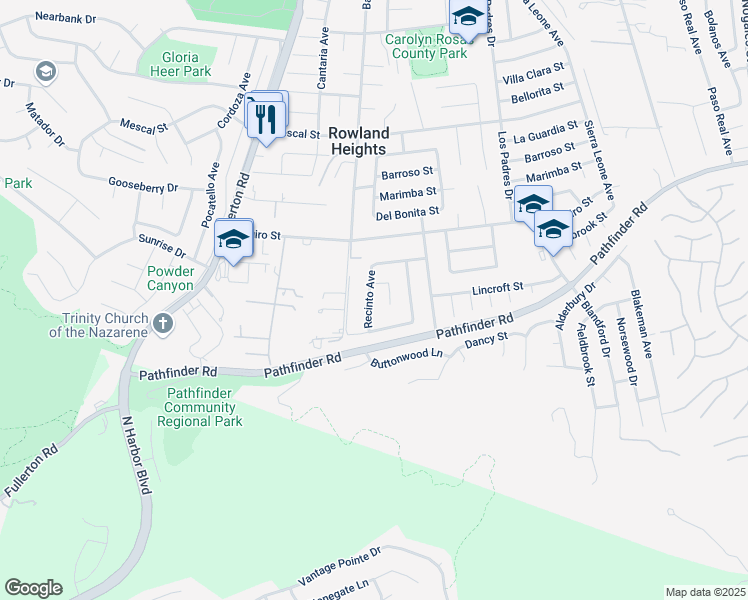 map of restaurants, bars, coffee shops, grocery stores, and more near 2718 Recinto Avenue in La Puente
