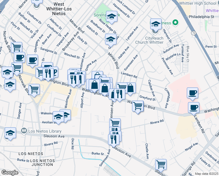map of restaurants, bars, coffee shops, grocery stores, and more near 7930 Chatfield Avenue in Whittier