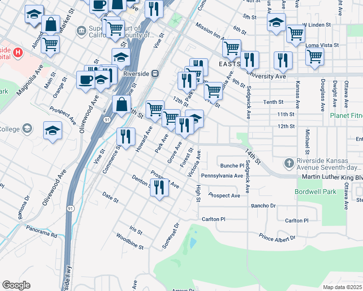 map of restaurants, bars, coffee shops, grocery stores, and more near 4438 Grove Avenue in Riverside