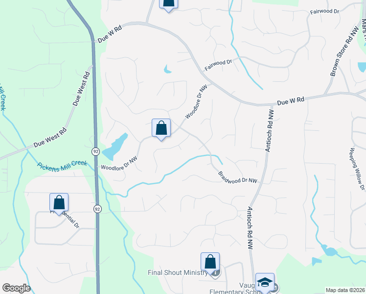 map of restaurants, bars, coffee shops, grocery stores, and more near 622 Braidwood Pointe in Acworth