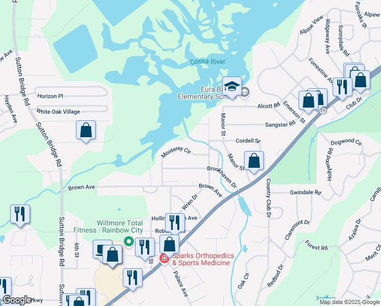 map of restaurants, bars, coffee shops, grocery stores, and more near Monterey Circle in Gadsden