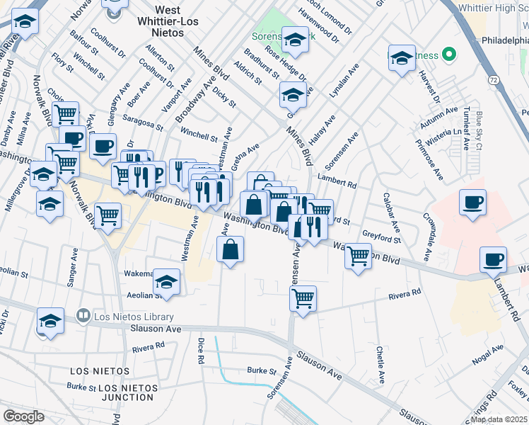 map of restaurants, bars, coffee shops, grocery stores, and more near 11715 Washington Boulevard in Whittier