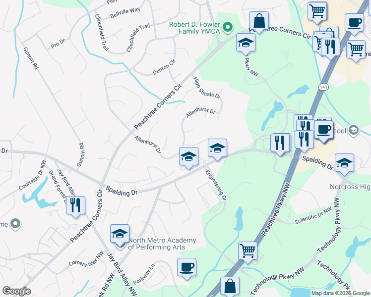map of restaurants, bars, coffee shops, grocery stores, and more near 3748 Allenhurst Drive in Norcross