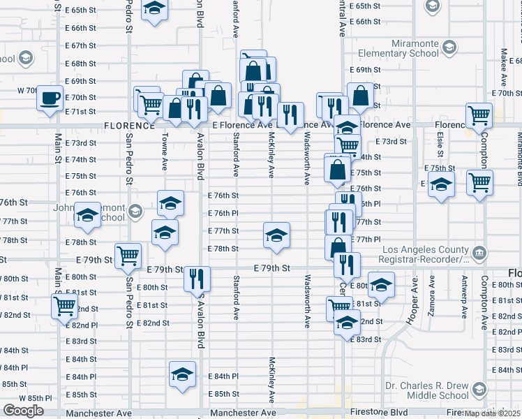 map of restaurants, bars, coffee shops, grocery stores, and more near 743 East 76th Place in Los Angeles