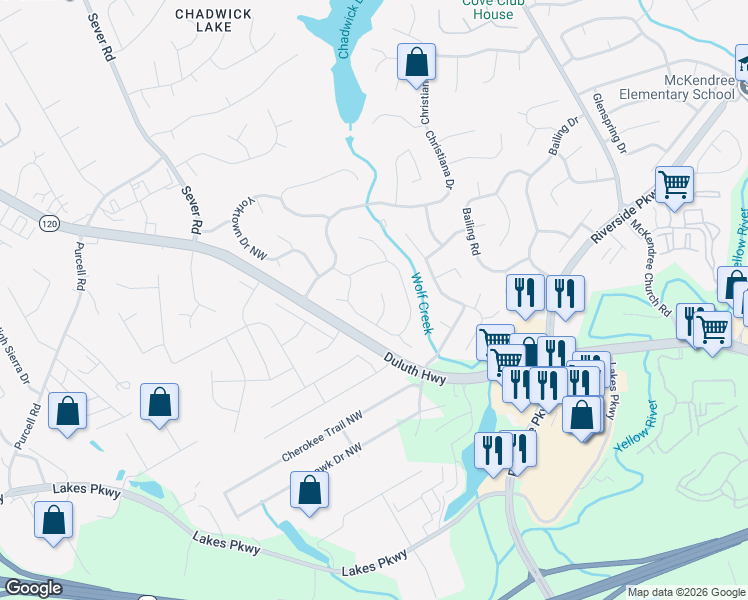 map of restaurants, bars, coffee shops, grocery stores, and more near 1242 Raleigh Court in Lawrenceville