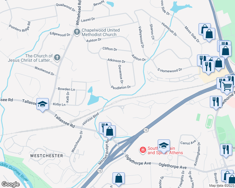 map of restaurants, bars, coffee shops, grocery stores, and more near 205 Pendleton Drive in Athens