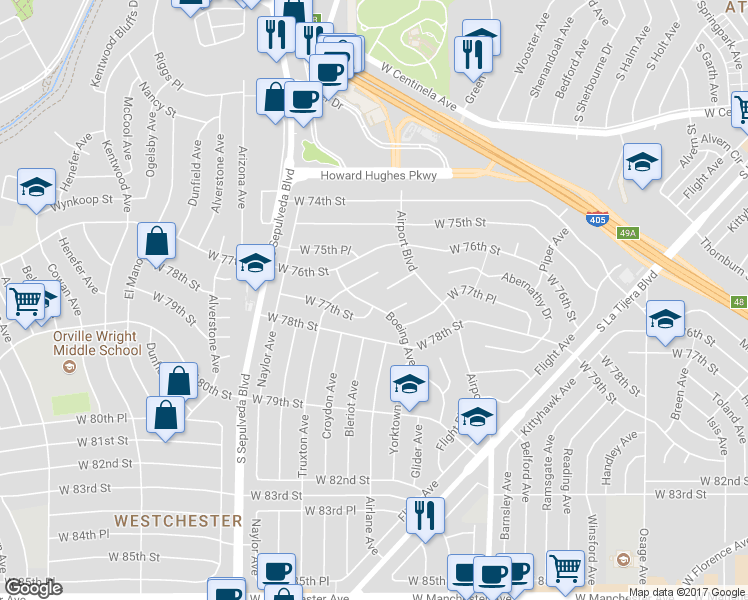 map of restaurants, bars, coffee shops, grocery stores, and more near 7660 Boeing Avenue in Los Angeles
