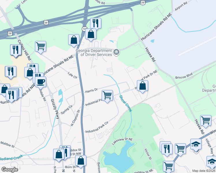 map of restaurants, bars, coffee shops, grocery stores, and more near 207 Harris Drive in Lawrenceville